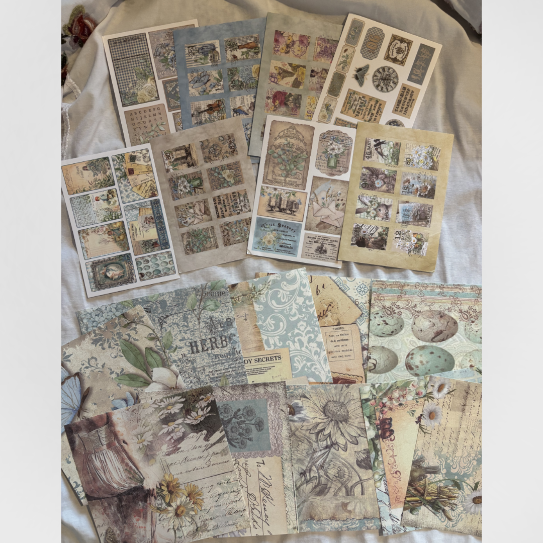 Blue Floral Garden Craft Kit - Vintage Scrapbooking Kit/Gift Kit